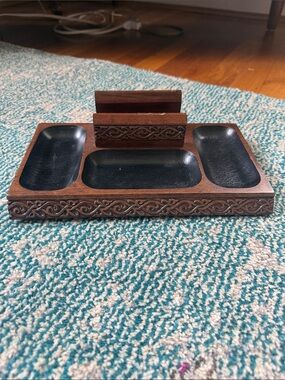 SWANK Brown Wood Carved Desk Organizer with Black Trays